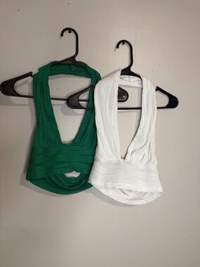 Pleated Halter Crop Tops in Green and White
